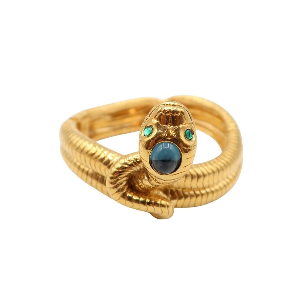 HUTTON WILKINSON Vintage Gold Tone Snake Cabochon Clamper Rhinestone Bracelet